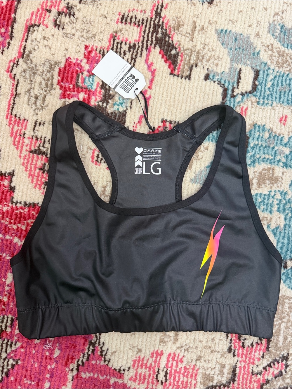 Coeur Voltage Sports Bra Run Crop Pink Yellow Bolt | Large NWT